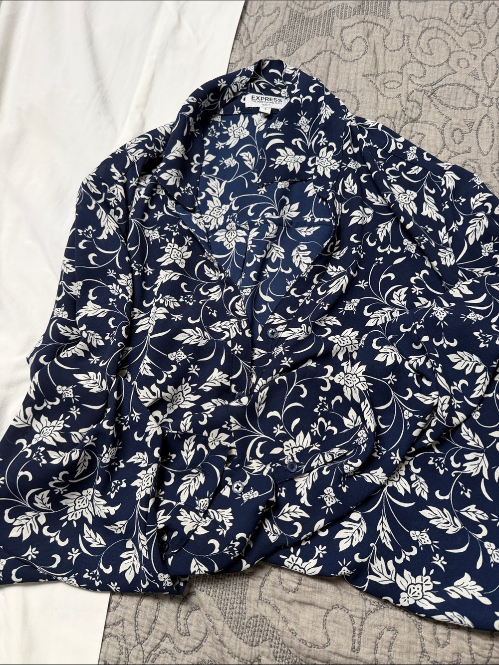 Express Navy Blue Floral Button-Down Blouse